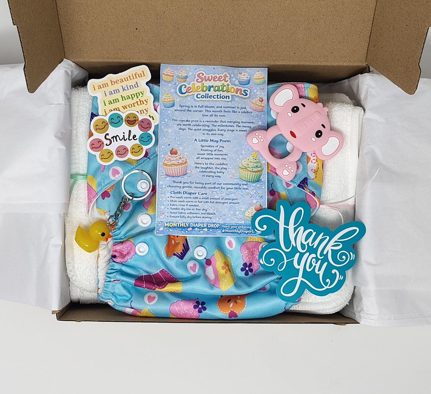 eco friendly cloth diaper subscription box with extras for mom and baby. new print every month