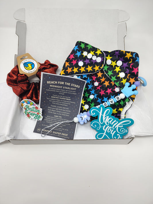 cloth diaper subscription box with new print diaper every month. Subscription includes extras for mom and baby.